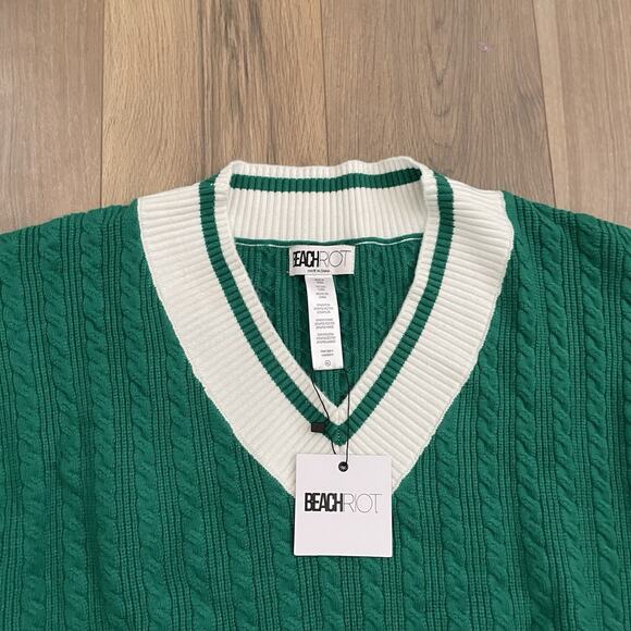 NEW BEACH RIOT Size XL Montana Sweater Green White Cable Knit V Neck Cozy Knit - Picture 3 of 9